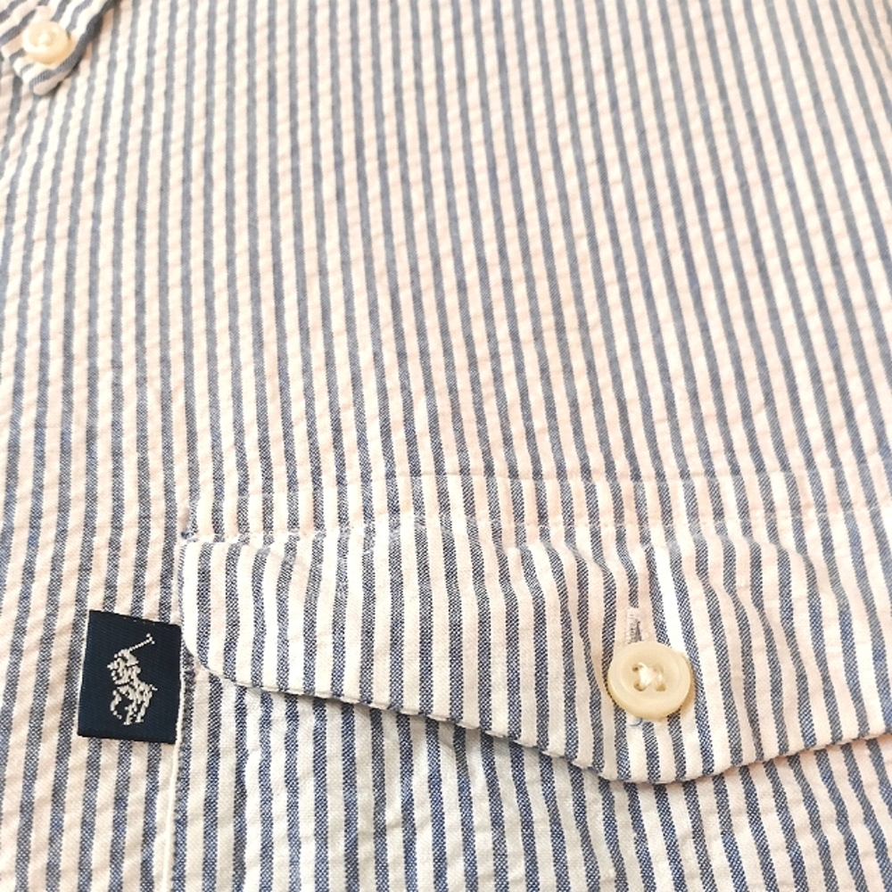 Seersucker Ralph Lauren Creek Blue & White Striped Shirt (XXL)